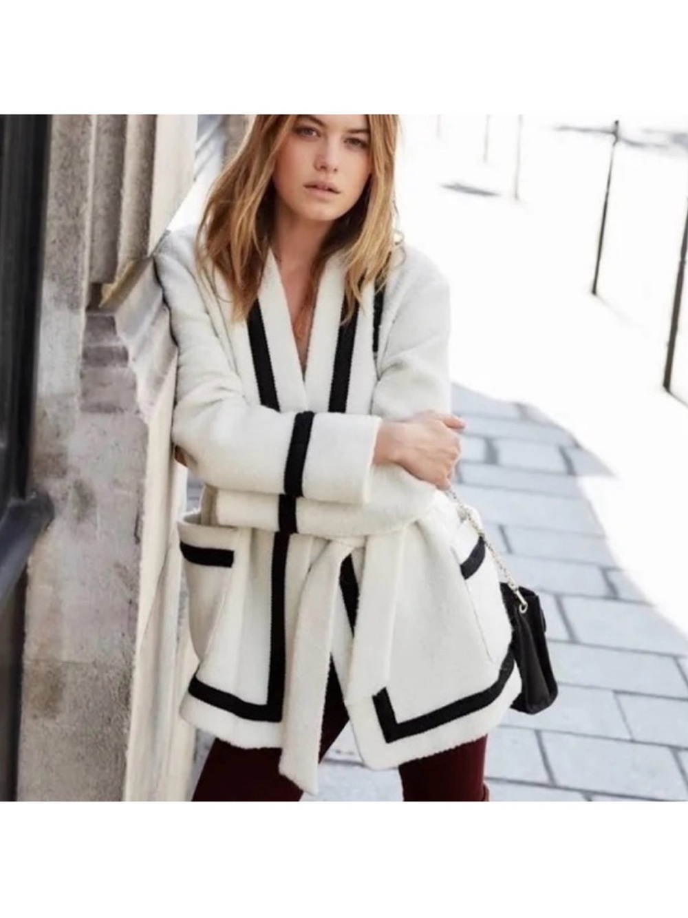 Sezane Belted White Wool Teddy Coat with Black Trim